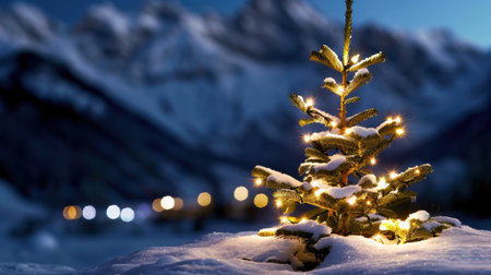 A beautiful snow-covered Christmas tree adorned with twinkling lights stands in a tranquil winter landscape, surrounded by majestic mountains and soft bokeh effects.の素材