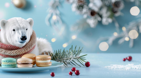 A delightful scene featuring a cozy polar bear wrapped in a scarf, surrounded by colorful macarons, set against a charming winter background, perfect for festive imagery.の素材