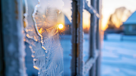 A close-up view of a frosty window capturing intricate ice patterns at sunrise. The contrast of cold ice and warm sunlight creates a serene winter scene.の素材