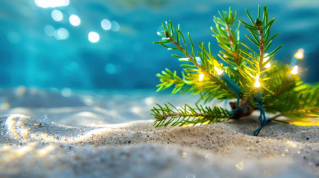 This enchanting underwater scene showcases a Christmas tree branch adorned with glowing lights, resting on sandy ocean floor, creating a serene holiday atmosphere.の素材