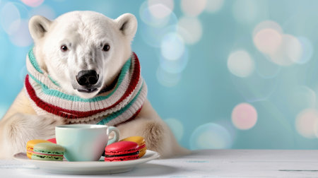 A charming polar bear dressed in a colorful scarf sits at a table with a cup of tea and vibrant macarons, set against a soft pastel background.の素材