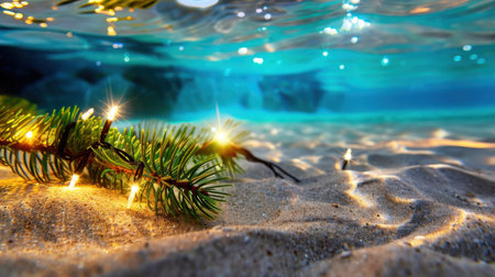 A captivating underwater scene featuring a pine branch adorned with twinkling lights, resting on a sandy ocean floor. Ideal for holiday themes.の素材