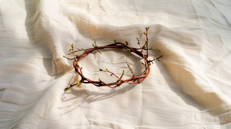 This image features a delicate natural wreath made from twigs and fresh buds, set against a soft cream fabric background. Perfect for spring themes.の素材