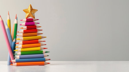 A vibrant arrangement of colored crayons shaped like a Christmas tree topped with a golden star, perfect for holiday decor inspiration and creativity.の素材