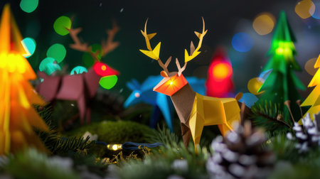 This vibrant image captures a delightful scene of colorful paper reindeer and trees, illuminated by soft bokeh lights, evoking a warm holiday spirit.の素材