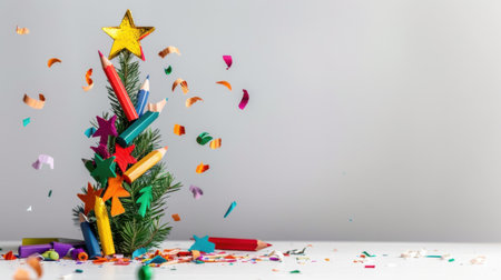 A vibrant arrangement featuring a pencil Christmas tree topped with a star. Surrounding confetti adds a playful touch, perfect for creative holiday themes.の素材