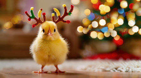 A delightful yellow chick adorned with colorful antlers stands charmingly against a festive backdrop filled with warm holiday lights, creating a joyful atmosphere.の素材