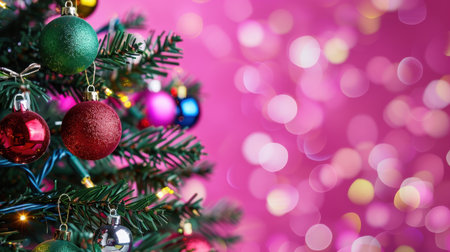 A vibrant Christmas tree adorned with colorful ornaments stands out against a blurred pink bokeh background, creating a joyful holiday atmosphere.の素材