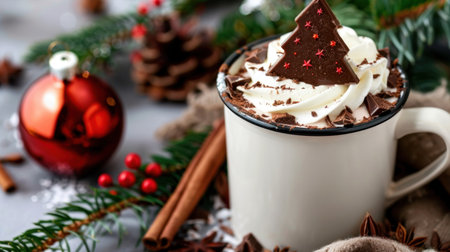 A beautifully arranged cup of hot chocolate topped with whipped cream and a chocolate Christmas tree, surrounded by festive decorations and pine branches.の素材