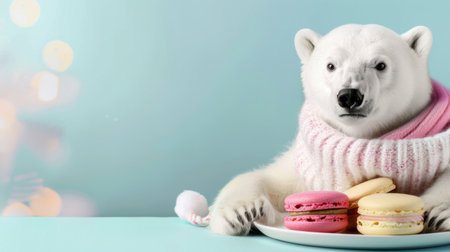 A delightful polar bear wearing a cozy scarf poses with a plate of colorful macarons on a soft blue background, perfect for food and animal lovers.の素材