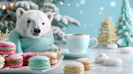 Adorable polar bear wrapped in a soft scarf, sits beside a platter of colorful macarons in a snowy winter setting, radiating warmth and joy.の素材