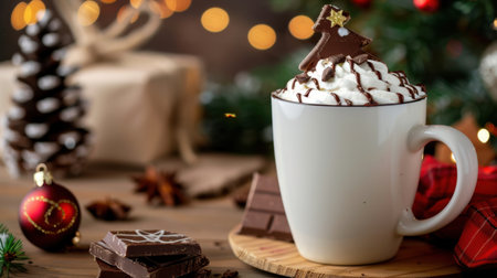 Enjoy a warm cup of hot chocolate topped with whipped cream and a Christmas tree decoration, perfect for cozy winter holiday settings.の素材