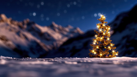 A beautifully lit Christmas tree stands alone in a serene snowy landscape, with majestic mountains in the background, creating a magical winter scene.の素材