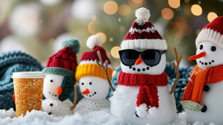 Festive snowmen wearing colorful hats and sunglasses stand cheerfully in the snow with a warm coffee cup, evoking a playful holiday spirit.の素材