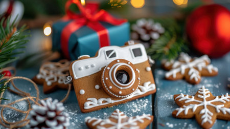 A delightful arrangement featuring a gingerbread camera surrounded by festive cookies, pine decorations, and charming holiday elements, creating a cozy atmosphere.の素材