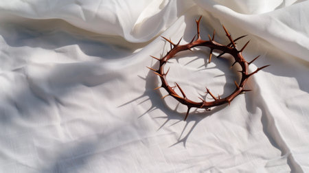 This image features a circular crown made of thorns resting on a soft white fabric, casting intriguing shadows, representing themes of suffering and sacrifice.の素材