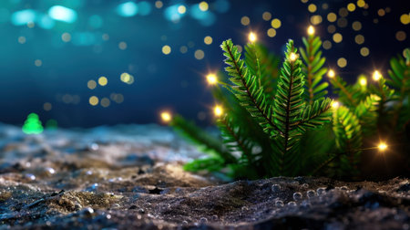 This captivating close-up features a vibrant green pine branch illuminated by soft, twinkling lights, set against a blurred background. Perfect for seasonal themes.の素材