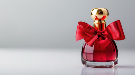 A stunning red perfume bottle adorned with a golden cap and a red bow, set against a soft, minimalist backdrop, perfect for beauty advertisements.の素材