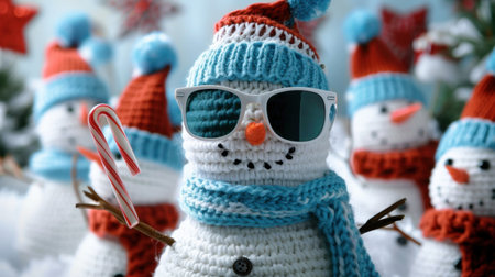 This delightful crochet snowman features sunglasses, a colorful scarf, and a candy cane, set against a festive winter backdrop to invoke holiday cheer.の素材