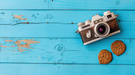 This image captures a vintage camera resting on a bright blue wooden table beside freshly baked cookies, evoking a nostalgic and cozy atmosphere perfect for creatives.の素材