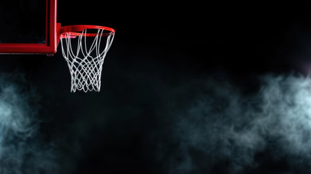 Captivating image of a basketball hoop set against a dark background with swirling smoke, perfect for illustrating themes of sports, competition, and athleticism.の素材