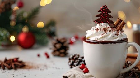A cozy scene featuring a steaming mug of hot chocolate topped with whipped cream, adorned with a chocolate tree and cinnamon sticks, set against a festive backdrop.の素材