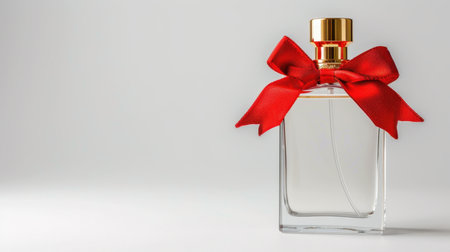 A stunning perfume bottle adorned with a vibrant red ribbon set against a clean backdrop, ideal for showcasing luxury fragrances and gift ideas.の素材