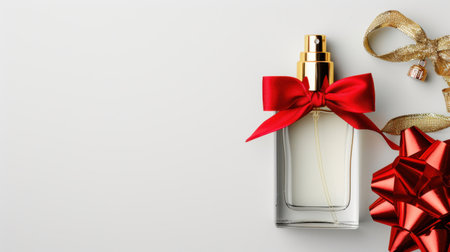 This image captures a chic perfume bottle adorned with a vibrant red bow and luxurious ribbon, perfect for holiday gifting and festive celebrations.の素材