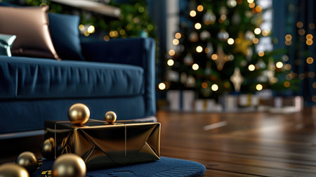 A beautifully decorated Christmas living room featuring a stylish sofa, a shimmering gift box, and a glowing festive tree creating a warm atmosphere.の素材