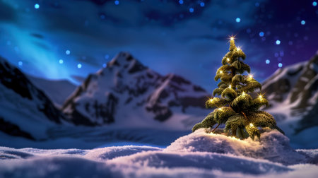 A peaceful winter landscape features a snow-covered tree illuminated with warm lights, set against the backdrop of majestic mountains and a starry night sky.の素材
