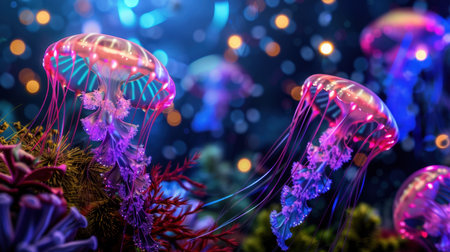 Dive into a captivating underwater landscape showcasing mesmerizing jellyfish illuminated in brilliant colors amidst lush coral formations, creating a surreal atmosphere.の素材