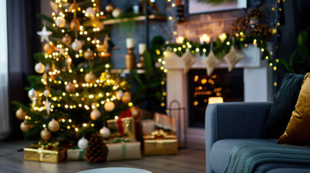 A beautifully decorated living room featuring a festive Christmas tree, warm lights, and elegantly wrapped gifts, creating an inviting holiday ambiance.の素材