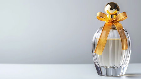 This image showcases an elegant perfume bottle adorned with a golden cap and a yellow ribbon, set against a minimalist grey background, symbolizing beauty and luxury.の素材