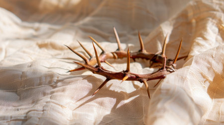 This artistic image features a thorn crown resting on soft fabric, evoking themes of spirituality and sacrifice, ideal for creative and religious projects.の素材