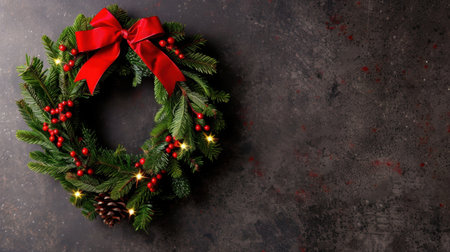 A beautiful Christmas wreath featuring a vibrant red bow and delicate decorations, set against a dark background, perfect for holiday decor.の素材