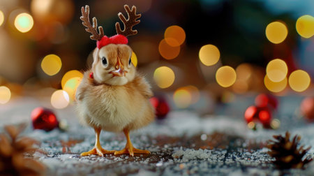 This charming image features a cute chick adorned with festive reindeer antlers against a soft bokeh background of glowing holiday lights. The playful spirit captures the essence of joy and celebration during the Christmas season.の素材
