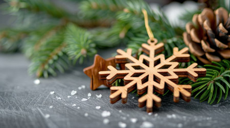 A beautifully crafted wooden snowflake ornament rests on a lush pine branch alongside a pinecone, evoking the warmth and joy of the holiday season.の素材