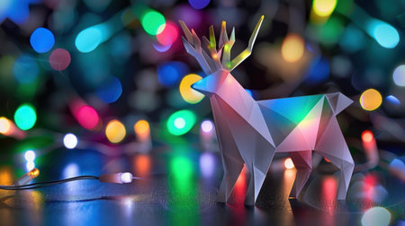 A vibrant origami deer stands gracefully against a backdrop of colorful bokeh lights, creating a festive and cheerful atmosphere perfect for celebrations.の素材