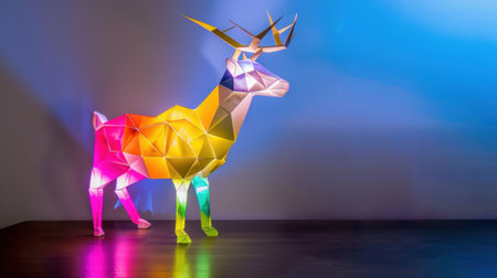 A visually stunning geometric deer sculpture illuminated by colorful neon lights, creating a captivating modern art piece for contemporary interiors.の素材
