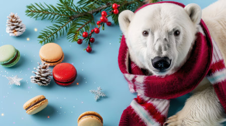 This charming image features a polar bear in a vibrant scarf set against a light background, accompanied by colorful macarons and festive pine decorations, perfect for holiday inspiration.の素材