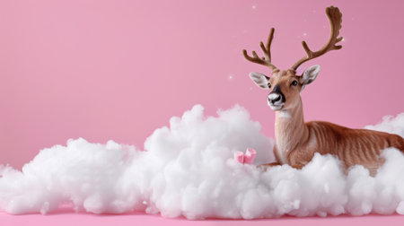 This captivating image features a lifelike reindeer resting on fluffy clouds against a soft pink backdrop, creating a whimsical and enchanting scene perfect for seasonal designs.の素材