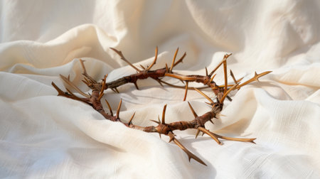 The image features a crown made of thorns resting gently on soft fabric, symbolizing themes of pain and sacrifice in a serene and artistic way.の素材