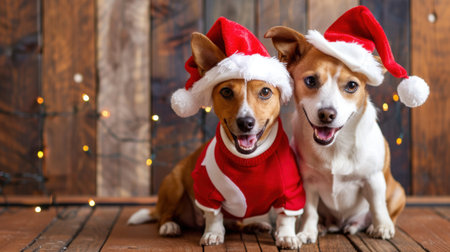 Two playful dogs are dressed in cheerful Santa hats and festive sweaters, posing joyfully against a warm wooden backdrop adorned with twinkling lights.の素材