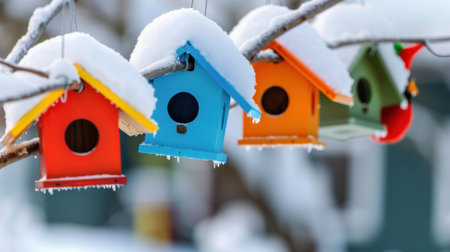 A beautiful arrangement of colorful birdhouses draped in snow, hanging from a tree branch, portraying a serene winter scene that invites wildlife.の素材