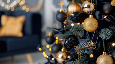 Beautifully decorated Christmas tree featuring luxurious golden and black ornaments creates a festive atmosphere in a stylish living room setting.の素材