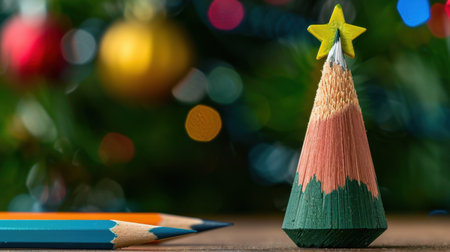 This engaging image features colorful pencil shavings crafted into a Christmas tree, set against a festive bokeh background, evoking holiday cheer.の素材