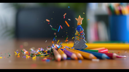 A charming scene featuring pencil shavings scattered around a colorful Christmas tree decoration, perfect for illustrating artistic and festive themes.の素材