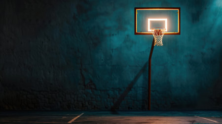 A striking image of an illuminated basketball hoop against a dark wall, casting soft shadows on the empty court. Ideal for sports and urban lifestyle themes.の素材