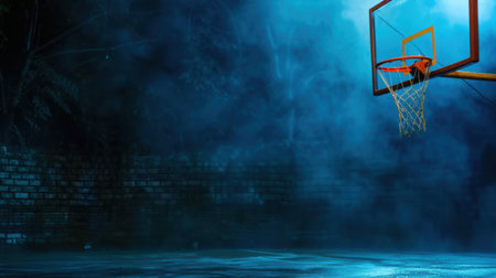 A captivating basketball hoop emerges from the fog, illuminated by soft blue light, creating an eerie yet mesmerizing atmosphere perfect for sports enthusiasts.の素材