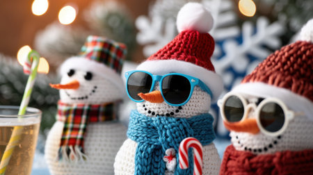 Adorable snowmen dressed in colorful winter attire, equipped with sunglasses and festive accessories, create a cheerful holiday atmosphere.の素材